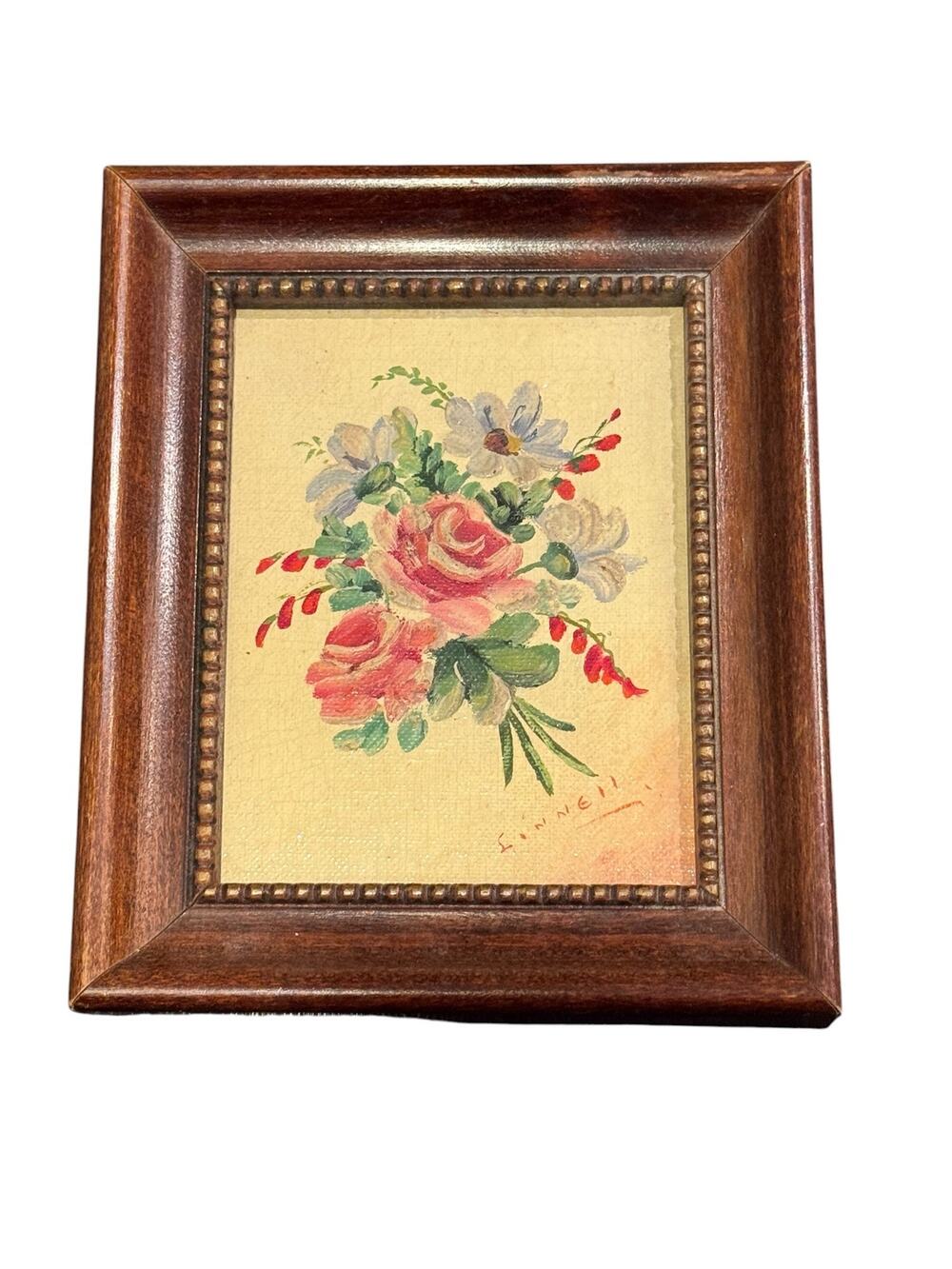 Vintage Original Floral Still Life Mini Oil Painting by Eric Linnell Framed